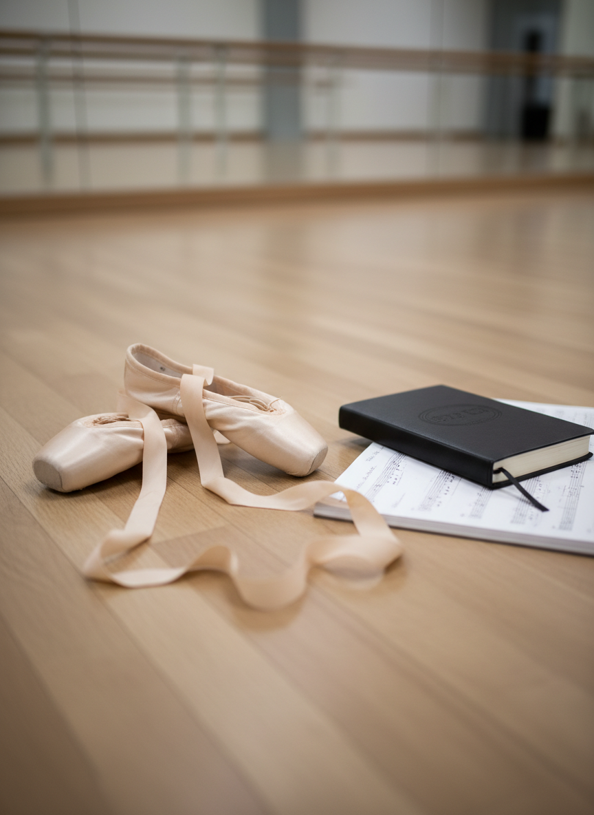 A single pair of impeccably crafted satin pointe shoes in a muted champagne hue rests on a flawlessly smooth, light oak studio floor, their ribbons artfully unwound in soft curves that suggest poised potential. Nearby, a black leather-bound choreography notebook lies slightly open, revealing faint pencil markings and musical counts. Soft studio lighting from above creates gentle highlights on the satin sheen and subtle shadows along the floor’s grain. Captured with a shallow depth of field from a slightly elevated angle, the background falls into a soft, neutral blur of mirror and barre, producing a sophisticated, photographic realism that conveys discipline, elegance, and quiet determination with no human presence.
