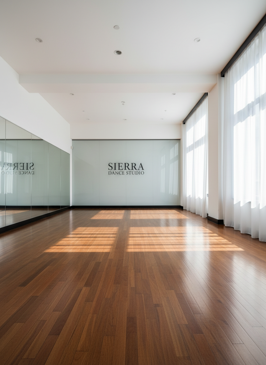 A polished hardwood dance floor in a deep honey tone stretches across a sophisticated studio interior, its surface catching subtle reflections of the Sierra Dance Studio logo elegantly etched in frosted glass on a far wall. Floor-to-ceiling mirrors line one side, perfectly clean and slightly cool in tone, framed by matte black trim. Soft, diffused daylight filters through high windows with sheer white drapes, creating graceful bands of light and gentle shadows across the floor. Photographed at eye level with a wide-angle lens, the composition emphasizes symmetry and spaciousness, with crisp realism and a refined, minimalist aesthetic that feels professional, serene, and dedicated to precision and artistry, without any people present.