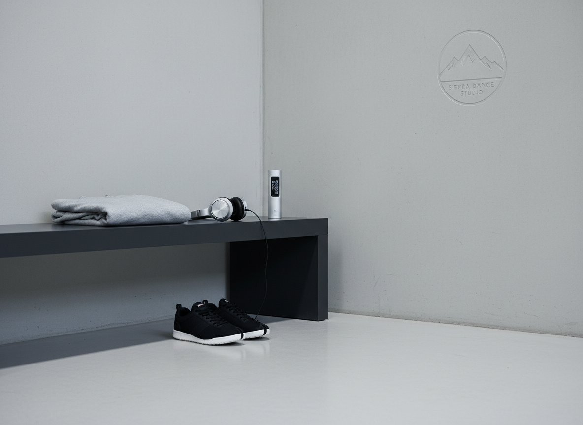 A meticulously organized contemporary dance rehearsal corner features a low, graphite-colored bench with a folded heather-gray sweatshirt, a neatly coiled pair of wireless studio headphones, and a slim, silver metronome-style digital timer resting on top. On the floor beside it, a pair of minimalist, split-sole dance sneakers in matte black and white are aligned with geometric precision. The background reveals a smooth, light concrete wall with a single, understated Sierra Dance Studio emblem embossed near the edge. Soft, even studio lighting with a slight cool temperature creates a calm, intellectual mood. Captured from a slightly low angle with moderate depth of field, the composition feels modern, editorial, and highly intentional, showcasing a sleek, photographic realism without any human figures.