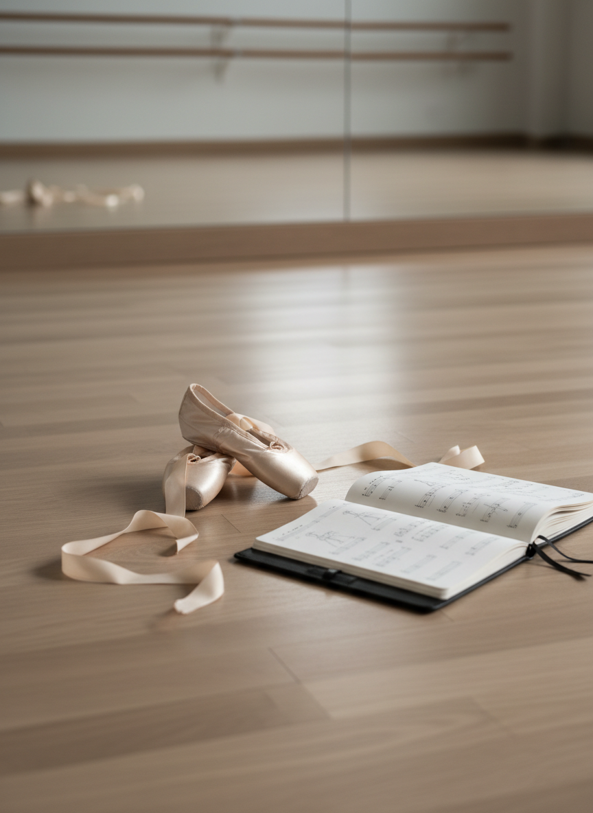 A single pair of impeccably crafted satin pointe shoes in a muted champagne hue rests on a flawlessly smooth, light oak studio floor, their ribbons artfully unwound in soft curves that suggest poised potential. Nearby, a black leather-bound choreography notebook lies slightly open, revealing faint pencil markings and musical counts. Soft studio lighting from above creates gentle highlights on the satin sheen and subtle shadows along the floor’s grain. Captured with a shallow depth of field from a slightly elevated angle, the background falls into a soft, neutral blur of mirror and barre, producing a sophisticated, photographic realism that conveys discipline, elegance, and quiet determination with no human presence.