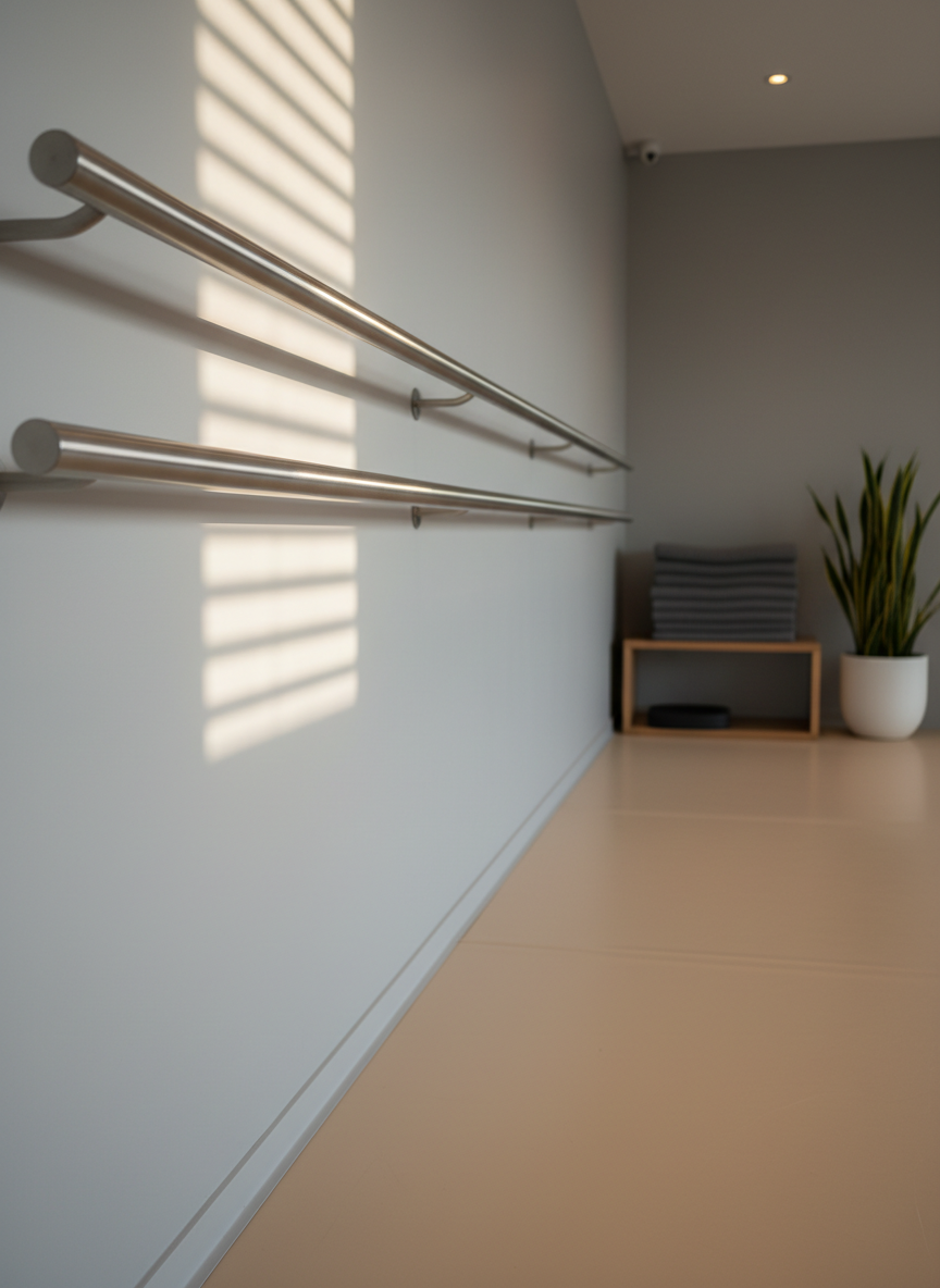 A sleek, wall-mounted ballet barre of brushed stainless steel runs the length of a matte dove-gray wall, its metallic finish catching thin ribbons of afternoon light. Below, the seamless sprung floor in a warm neutral tone appears perfectly smooth and ready. In the blurred background, a neatly stacked row of folded, charcoal-gray practice blankets and a single, understated potted plant in a white ceramic cylinder introduce texture and calm. The scene is lit by soft, indirect natural light mixed with subtle recessed ceiling lights, creating a balanced, modern atmosphere. Shot in a rule-of-thirds composition at eye level, with photographic realism and a clean, contemporary style that communicates quiet focus and refined professionalism, without any dancers shown.