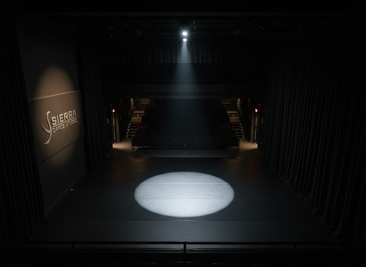 An elevated, cinematic view of a dimly lit performance stage within an intimate black-box theater, where a single cool-white spotlight pools onto the center of a flawless matte-black dance floor. The Sierra Dance Studio logo appears discreetly on a side wall in metallic silver, catching a faint glimmer from a secondary, softer sidelight. Velvet-dark curtains frame the scene, their texture evident despite the low light. The surrounding seating fades into shadowy obscurity, emphasizing the stage as a canvas for creativity. Photographed with a slightly wide lens and deep focus, the atmosphere is dramatic, contemplative, and sophisticated, with rich contrasts and subtle lens flare enhancing the photographic realism and sense of artistic anticipation, absent any performers.